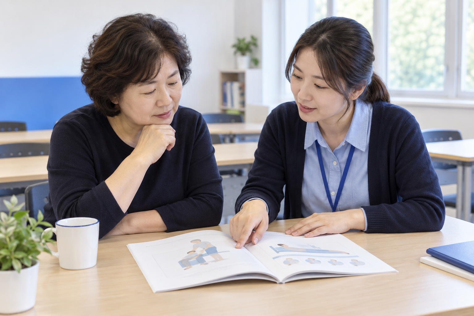 교재를 함께 살펴보는 중장년 학습자를 표현한 교육 안내 장면
