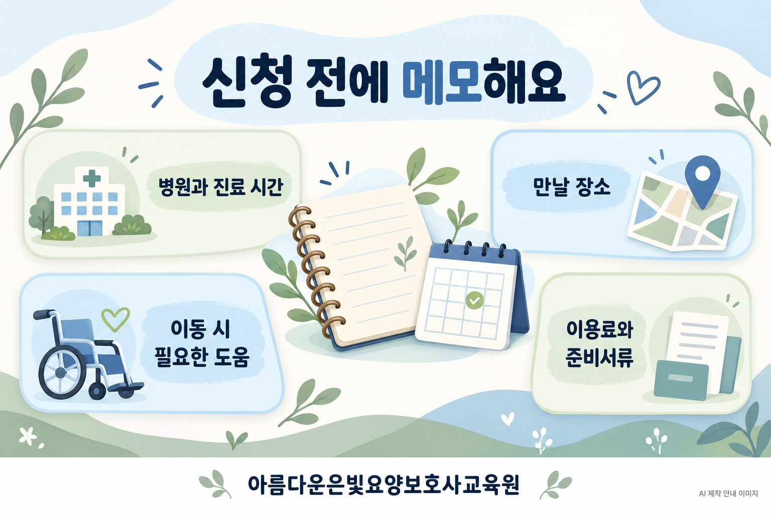 병원과 진료 시간, 만날 장소, 이동에 필요한 도움, 이용료와 준비서류의 네 항목을 정리한 체크리스트