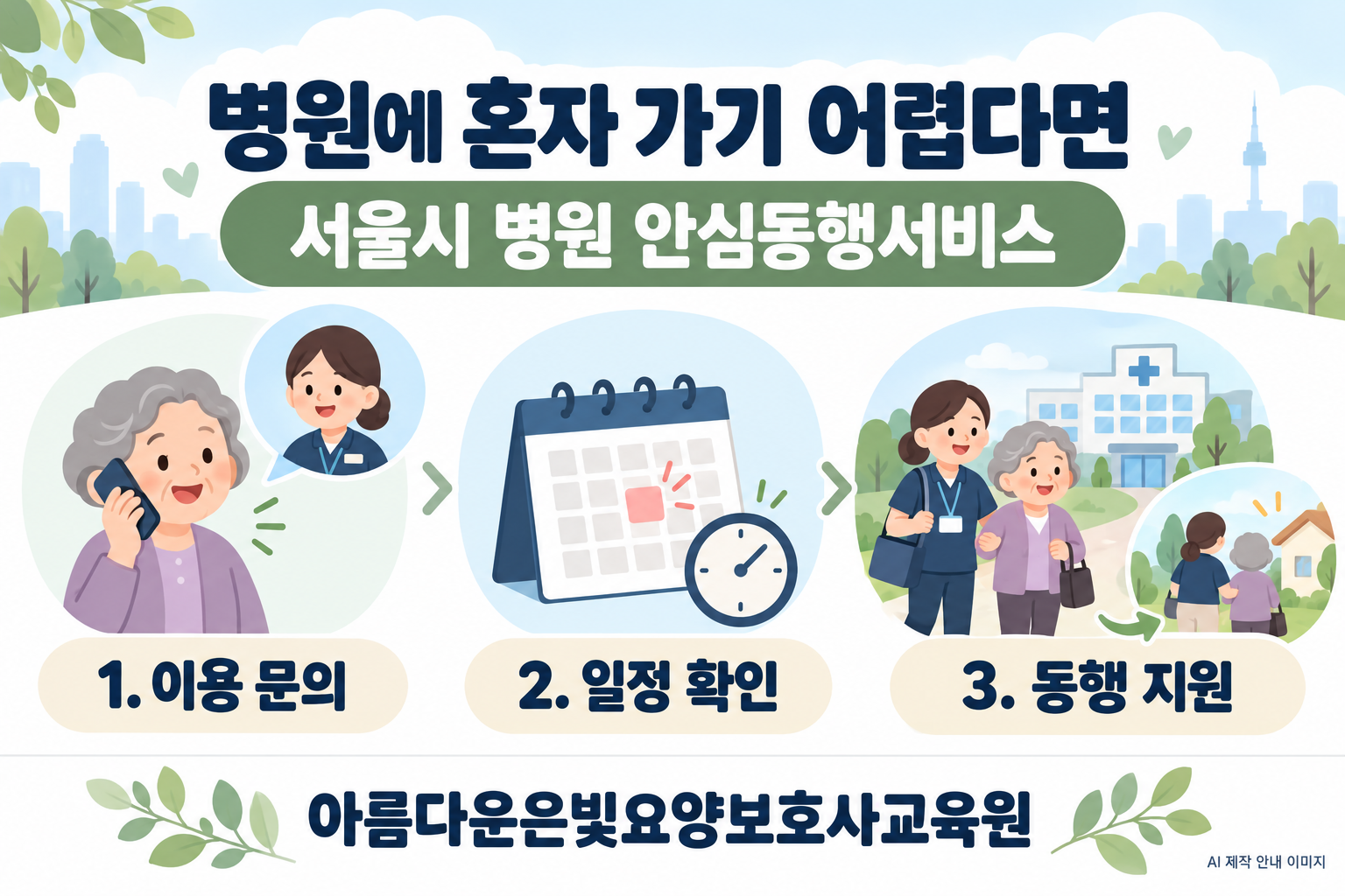 서울시 병원 안심동행의 이용 문의, 일정 확인, 동행 지원 순서를 설명한 AI 안내 이미지