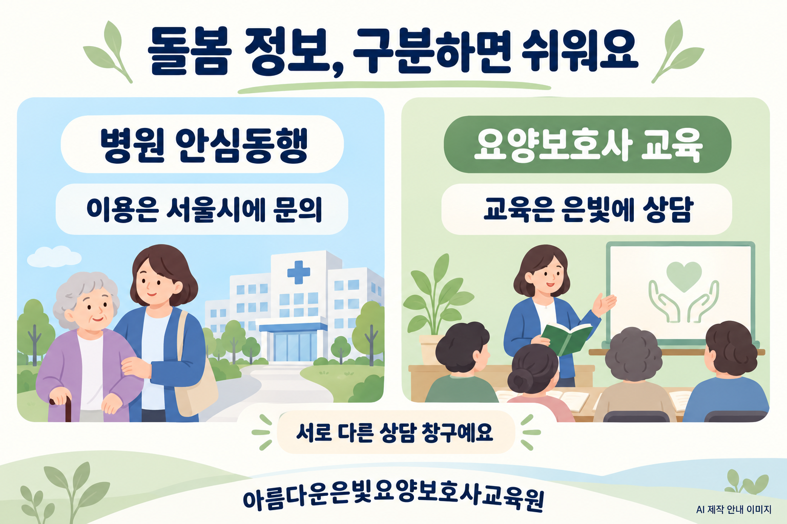 병원 안심동행 이용은 서울시, 요양보호사 교육은 은빛으로 상담 창구를 구분한 AI 설명 이미지