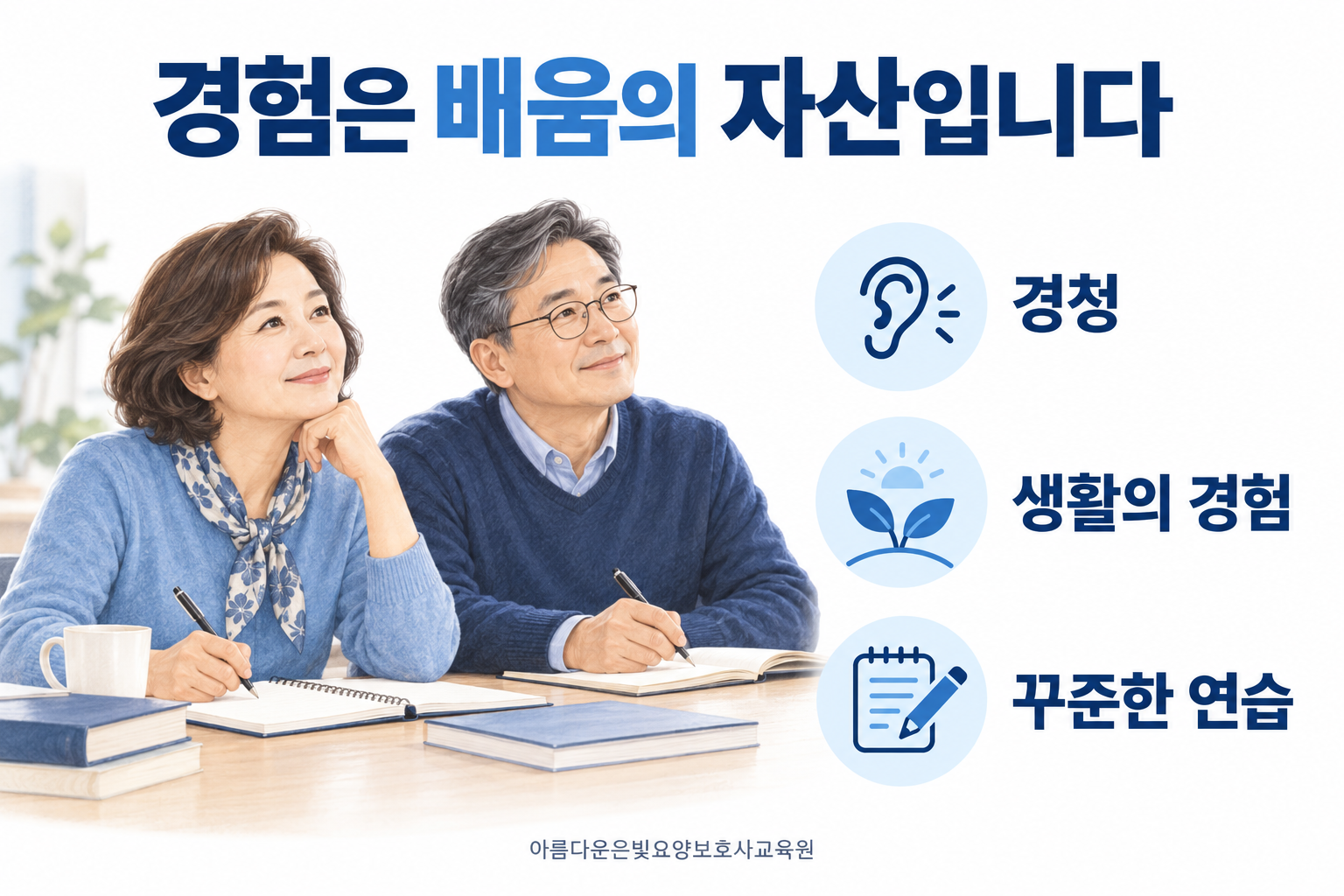 경청, 생활의 경험, 꾸준한 연습을 배움의 자산으로 표현한 중장년 교육 인포그래픽